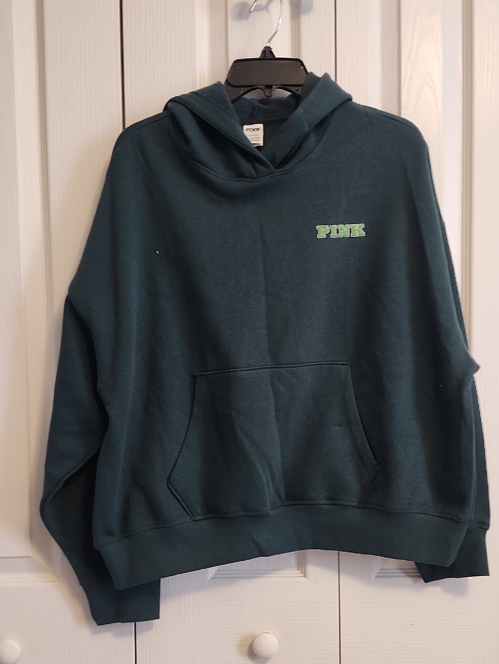 PINK Victoria's Secret Hooded Sweatshirt in Dark Teal with Lime Logo